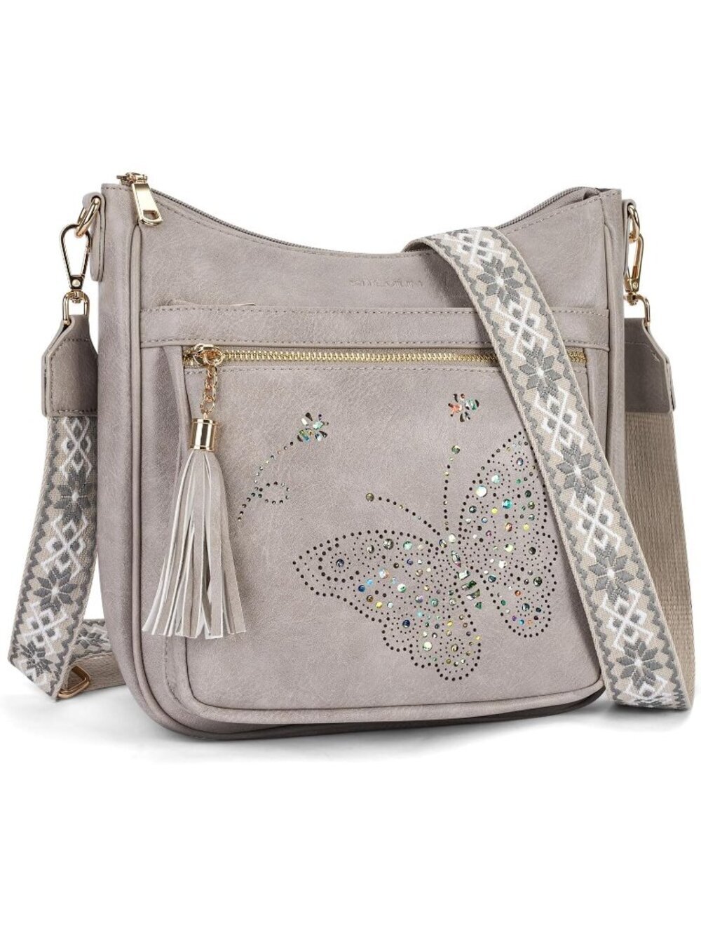 Women's Gray Leather Stylish Butterfly Shoulder Crossbody Handbags with Tassel
